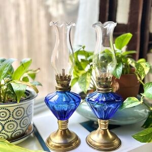 Vintage | Elegant Cobalt Blue Glass Oil Lamps